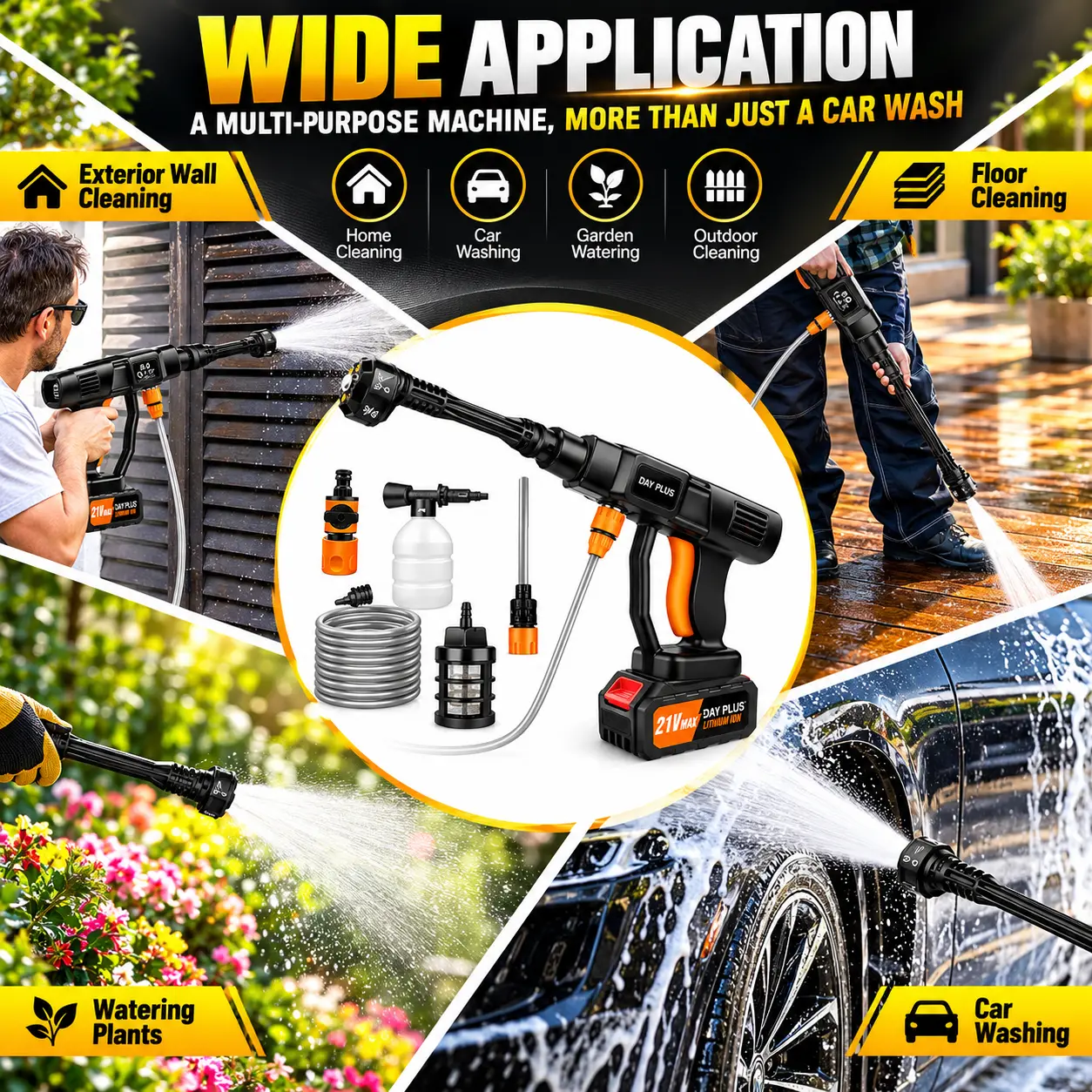 Cordless pressure washer for walls, floors, gardens and cars
