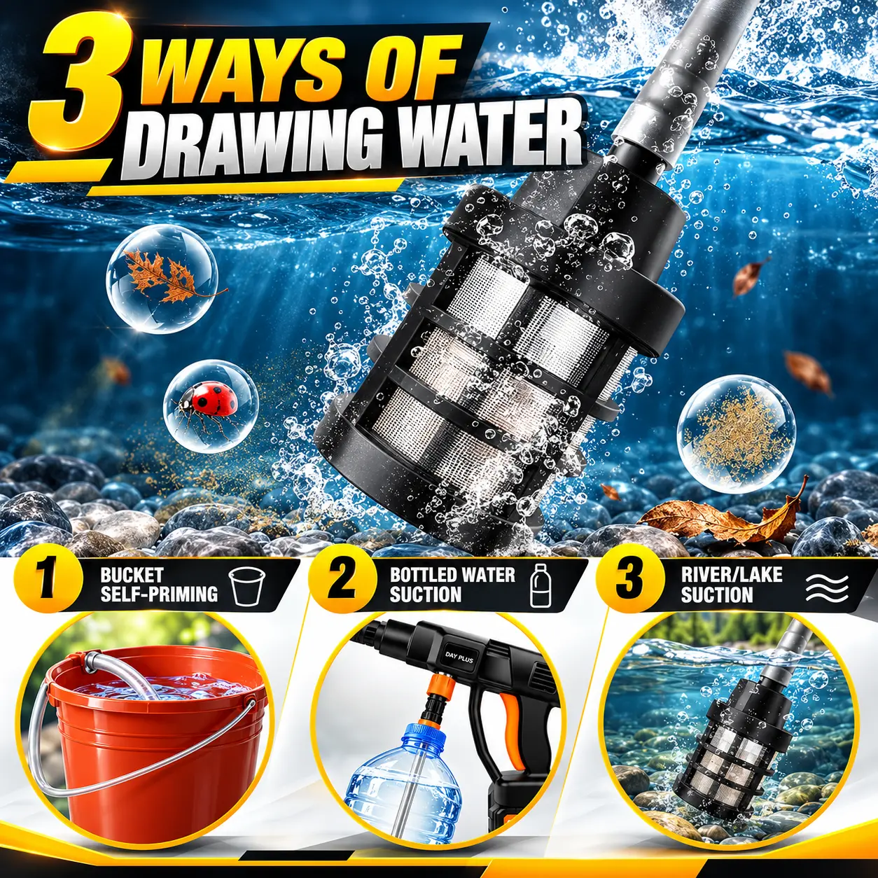 Three ways to draw water: bucket, bottled water or river and lake