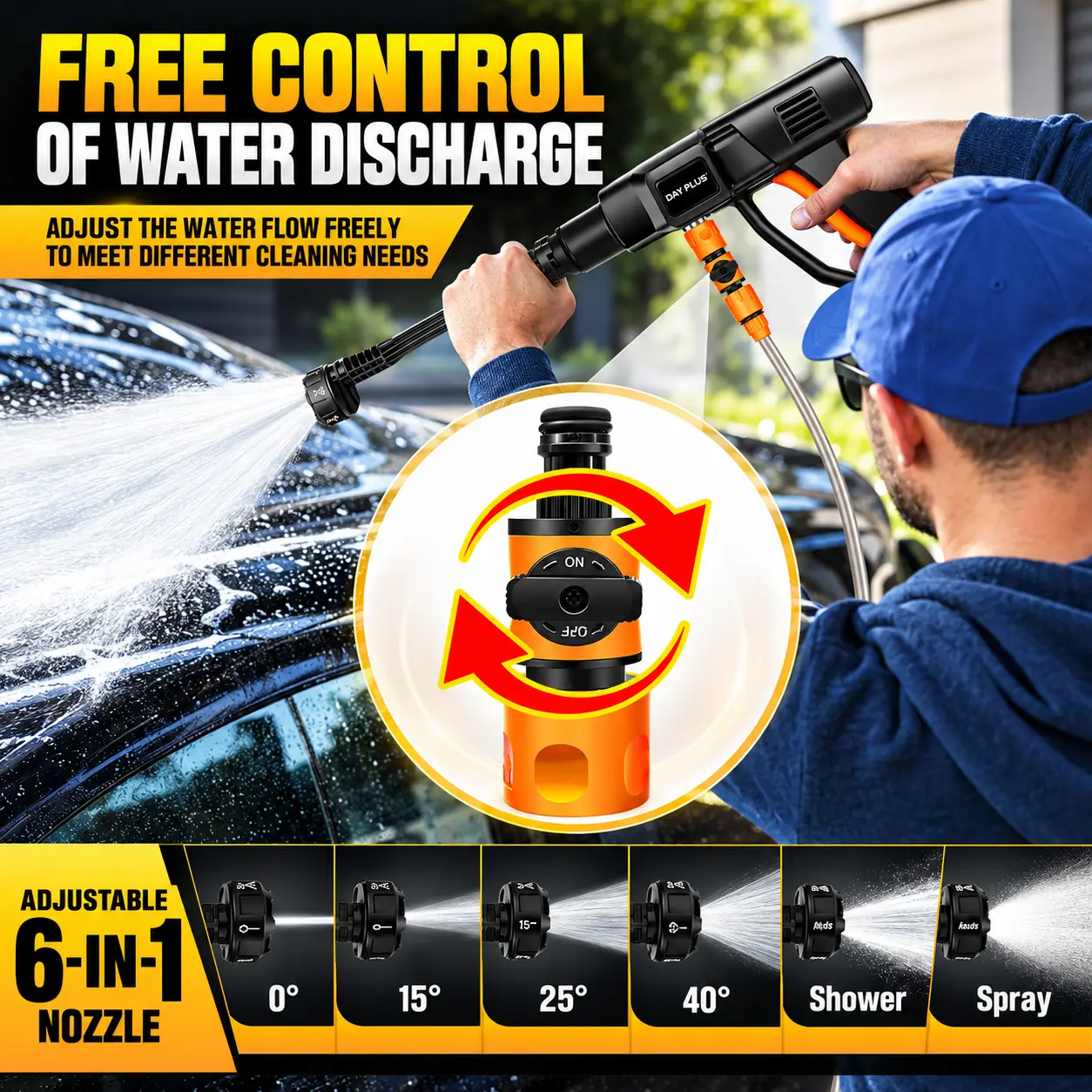 On/off valve to control water flow, plus 6-in-1 nozzle settings